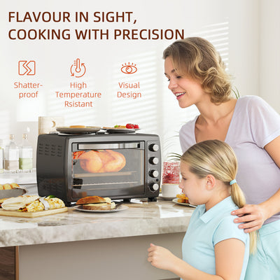 HOMCOM 36L Small Oven with 2 Hot Plates, Countertop Toaster Oven, Grill, Roast, Bake, Boil, with Timer, Adjustable Temperature, Electric Oven with Baking Tray, Grill Rack, Crumb Tray, 2600W, Black 