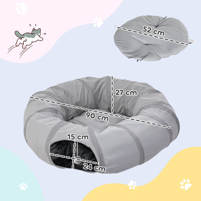 PawHut 2 in 1 Cat Tunnel with Bed, Cat Play Tunnel with Ball & Peek Hole for Indoor Cats, Grey 
