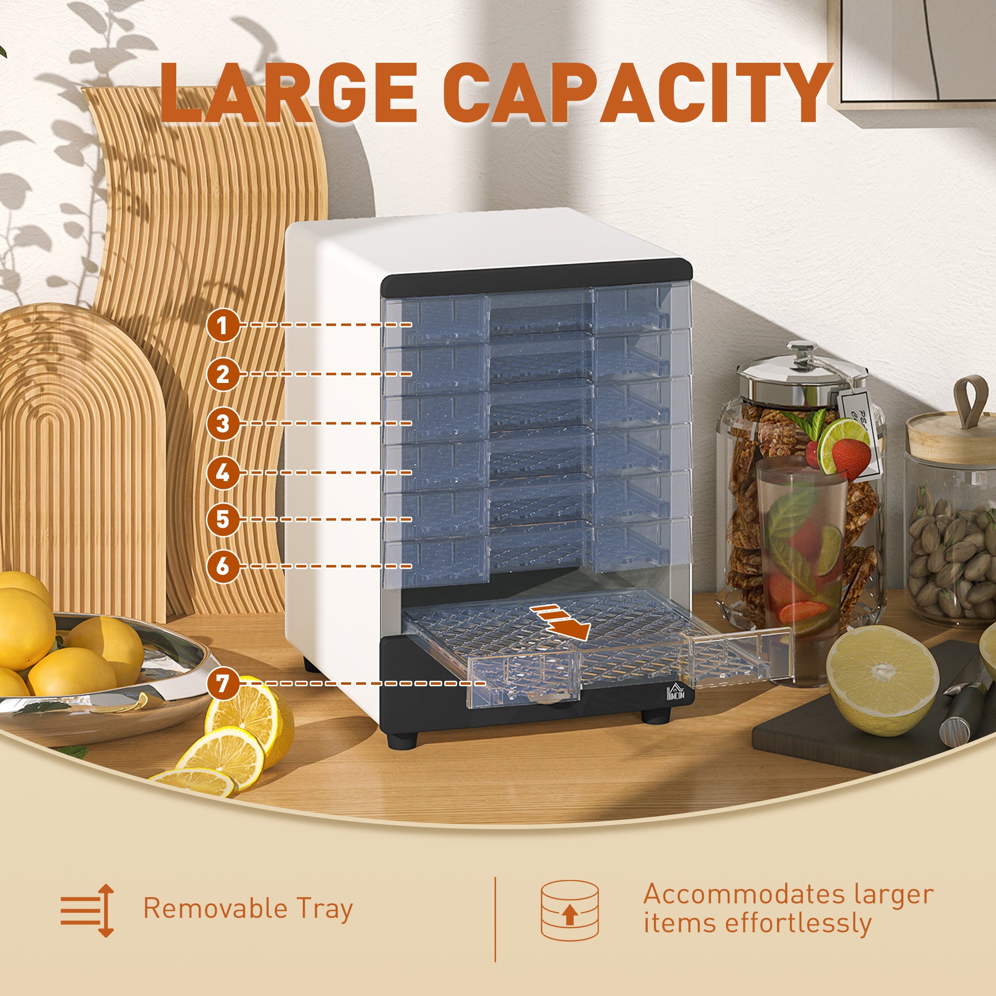 HOMCOM Seven Tray, 40-70\'c2\'b0C Food Dehydrator - White