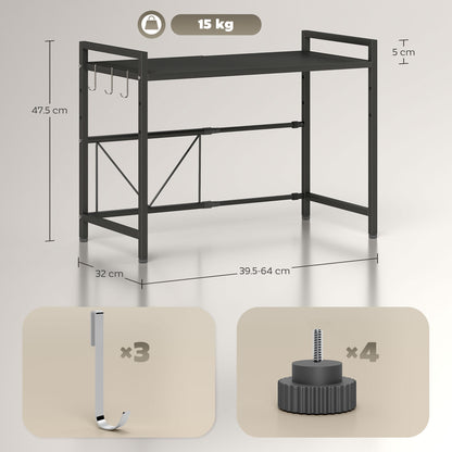 HOMCOM Expandable Microwave Oven Rack with 3 Hooks - Black