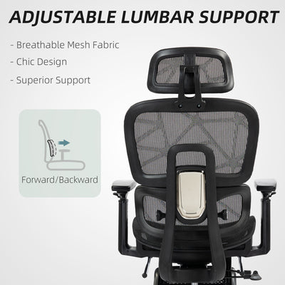 HOMCOM Executive Office Chair, Ergonomic Mesh High Back Desk Chair with Lumbar Support, Reclining Function, Swivel Computer Chair with 3D Armrest, Headrest, Footrest, Black 