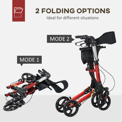 HOMCOM Folding Rollator Walker with Seat and Backrest, Lightweight Walking Frame with Detachable Storage Bag, Dual Brakes, Adjustable Handle Height, 4 Wheeled Walker for Seniors, Handicapped, Red 