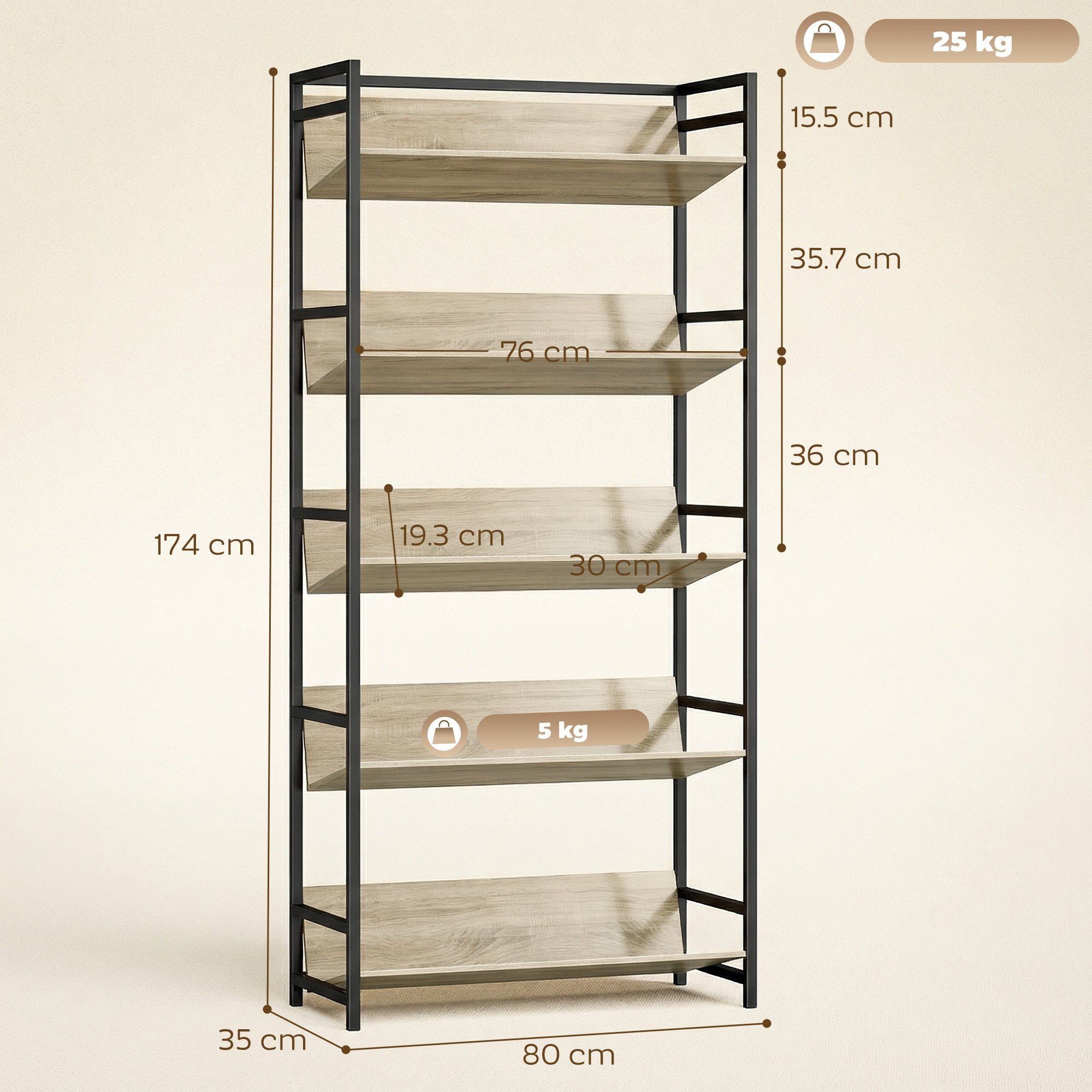 HOMCOM Bookshelf 5-Tier Metal Frame Bookcase Storage Shelves for Living Room Oak 