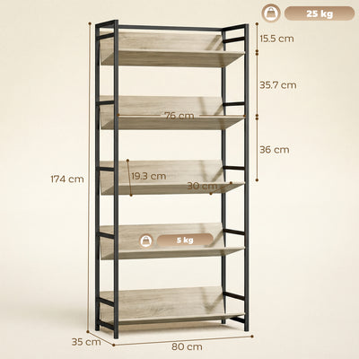 HOMCOM Bookshelf 5-Tier Metal Frame Bookcase Storage Shelves for Living Room Oak 