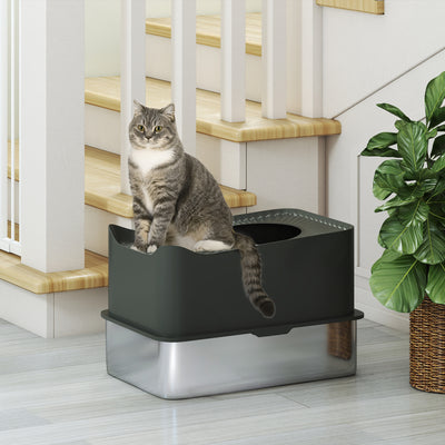 PawHut Stainless Steel Cat Litter Tray, Extra Large Enclosed Litter Box with Scoop, Top Entrance, Non-slip Pads, Dark Grey 