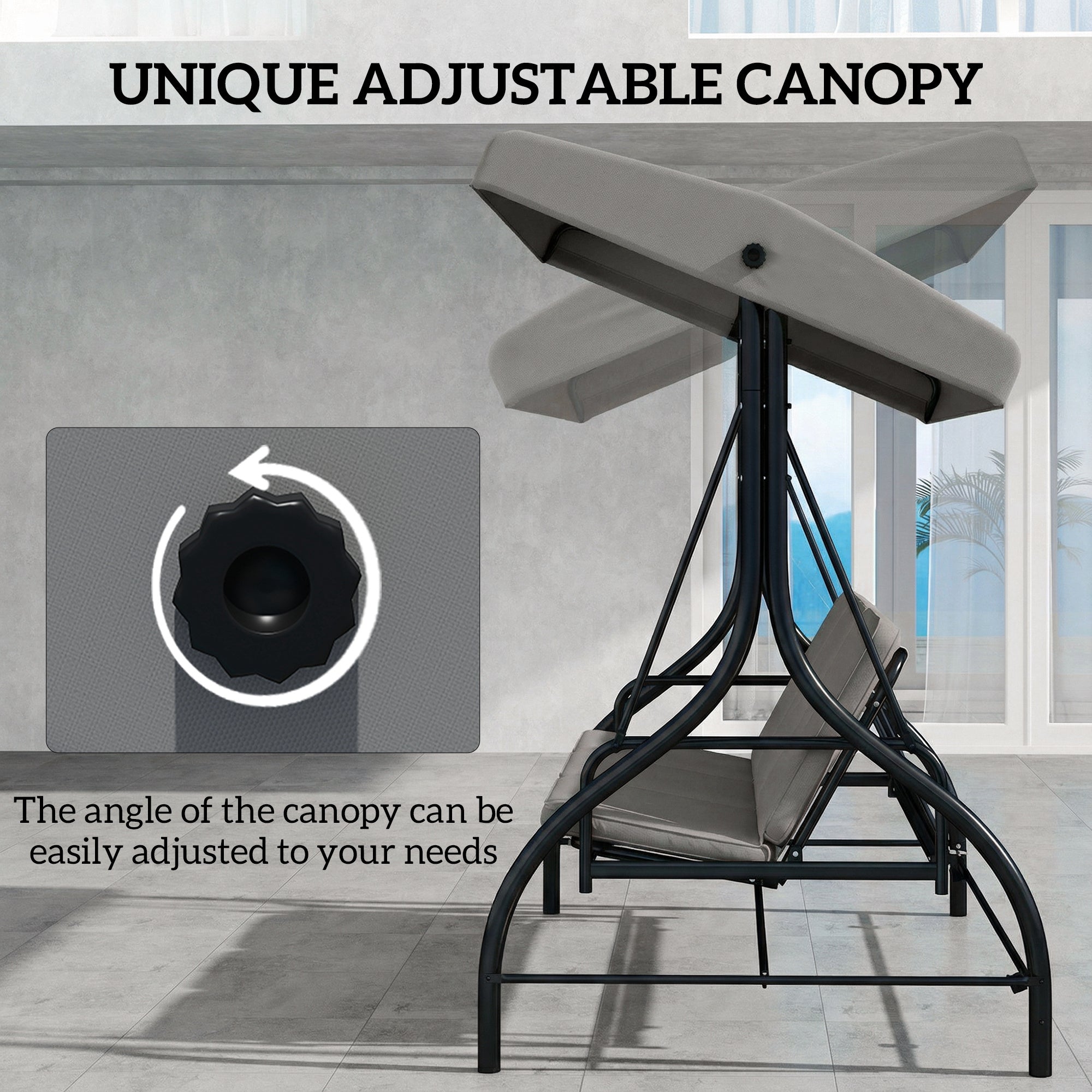 Outsunny 3 Seater Canopy Swing Chair, 2 in 1 Garden Swing Seat Bed, with Adjustable Canopy and Metal Frame, Light Grey 