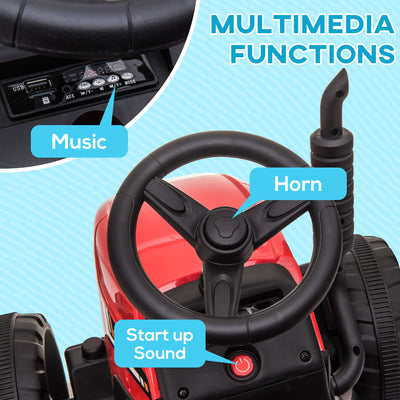 HOMCOM Ride On Tractor, Battery Powered Electric Car, with Detachable Trailer, Remote Control, Music - Red 