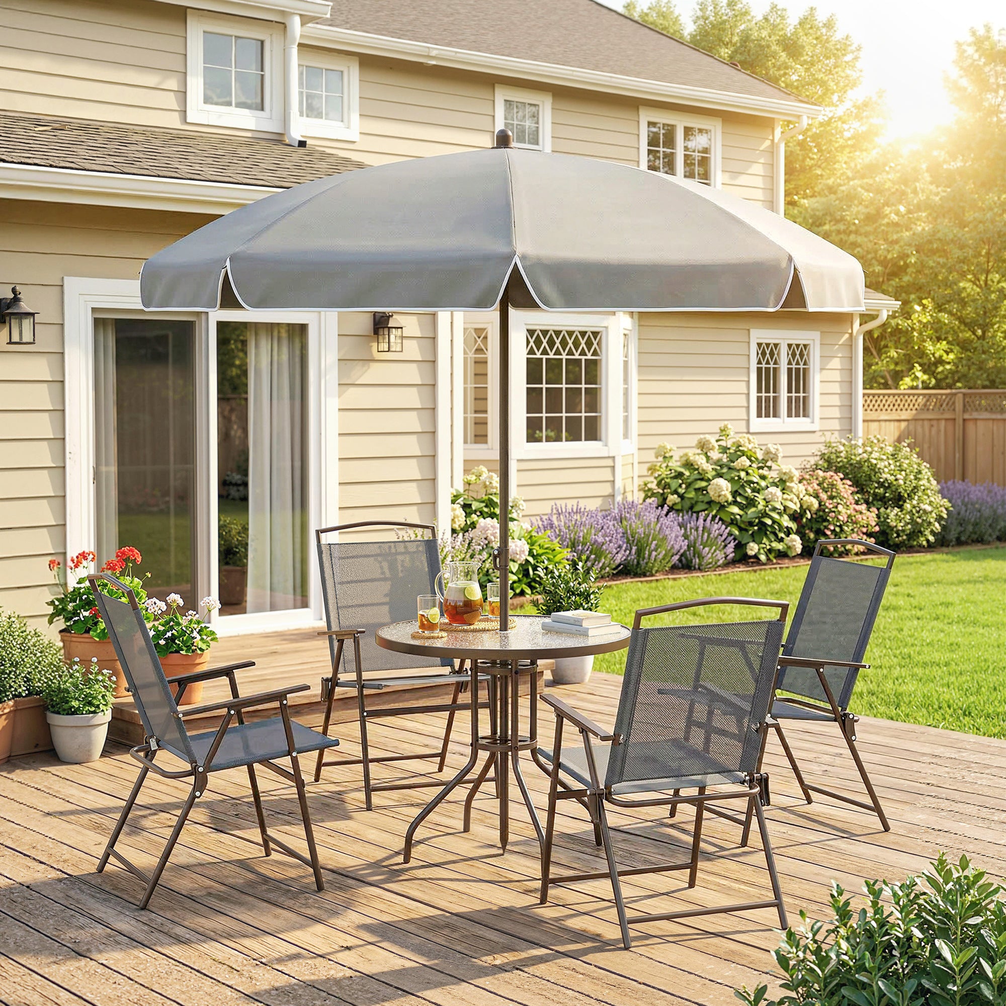 Outsunny 6 Piece Garden Dining Set with Umbrella, Patio Sets with Parasol, 4 Folding Dining Chairs, Dark Grey 