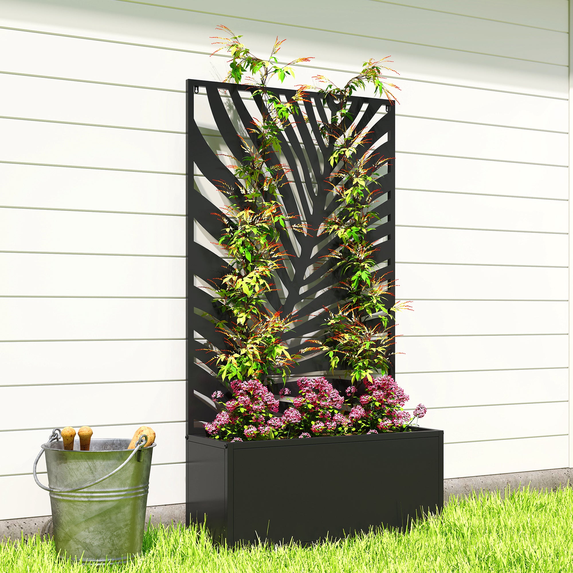 Outsunny Metal Garden Bed for Garden with Trellis, Wall Mounted or Freestanding Raised Planter with Privacy Screen 
