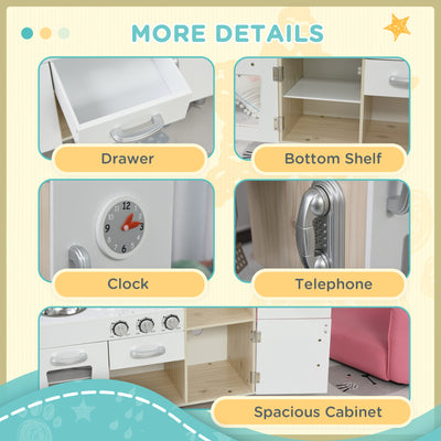 HOMCOM Kids Wooden Pretend Play Toy Kitchen Cooking Set Role Play Phone for Boys Girls White 