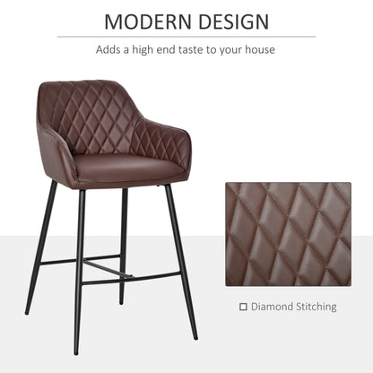 HOMCOM Set of 2 Bar stools Retro PU Leather Bar Chairs w/ Footrest Metal Frame Comfort Support Stylish Dining Seating Home Brown 