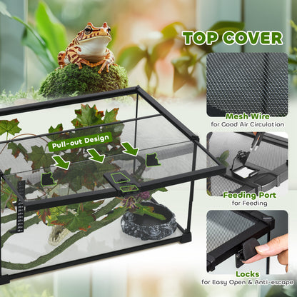 PawHut Glass Reptile Terrarium with Decor Kit, Breeding Tank with Thermometer for Small Animals, 50 x 30 x 25cm, Heated - Black 