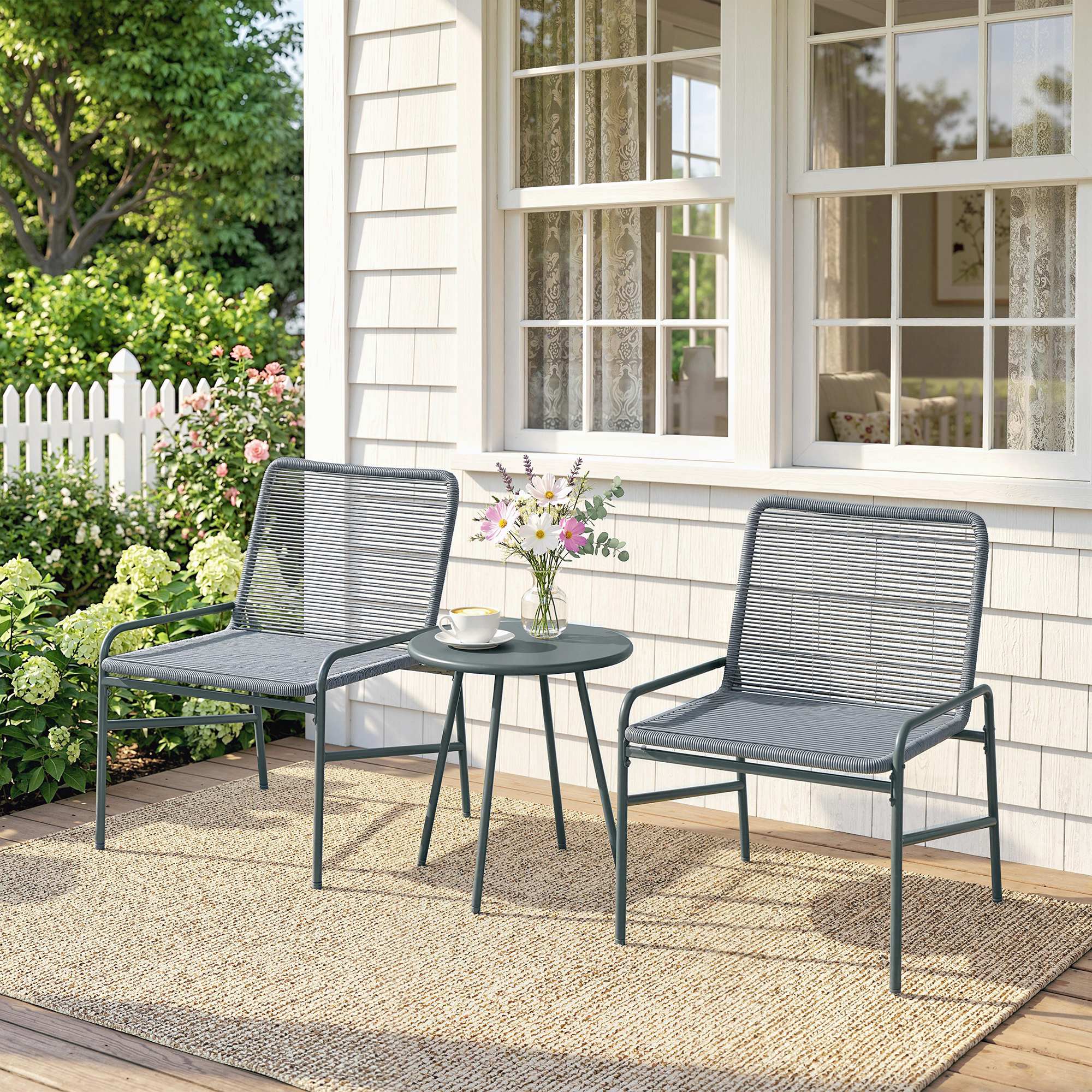 Outsunny 3 Piece Rattan Bistro Set, Outdoor Garden Furniture Set with 2 Chairs, Round Coffee Table for Patio, Balcony, Dark Grey 