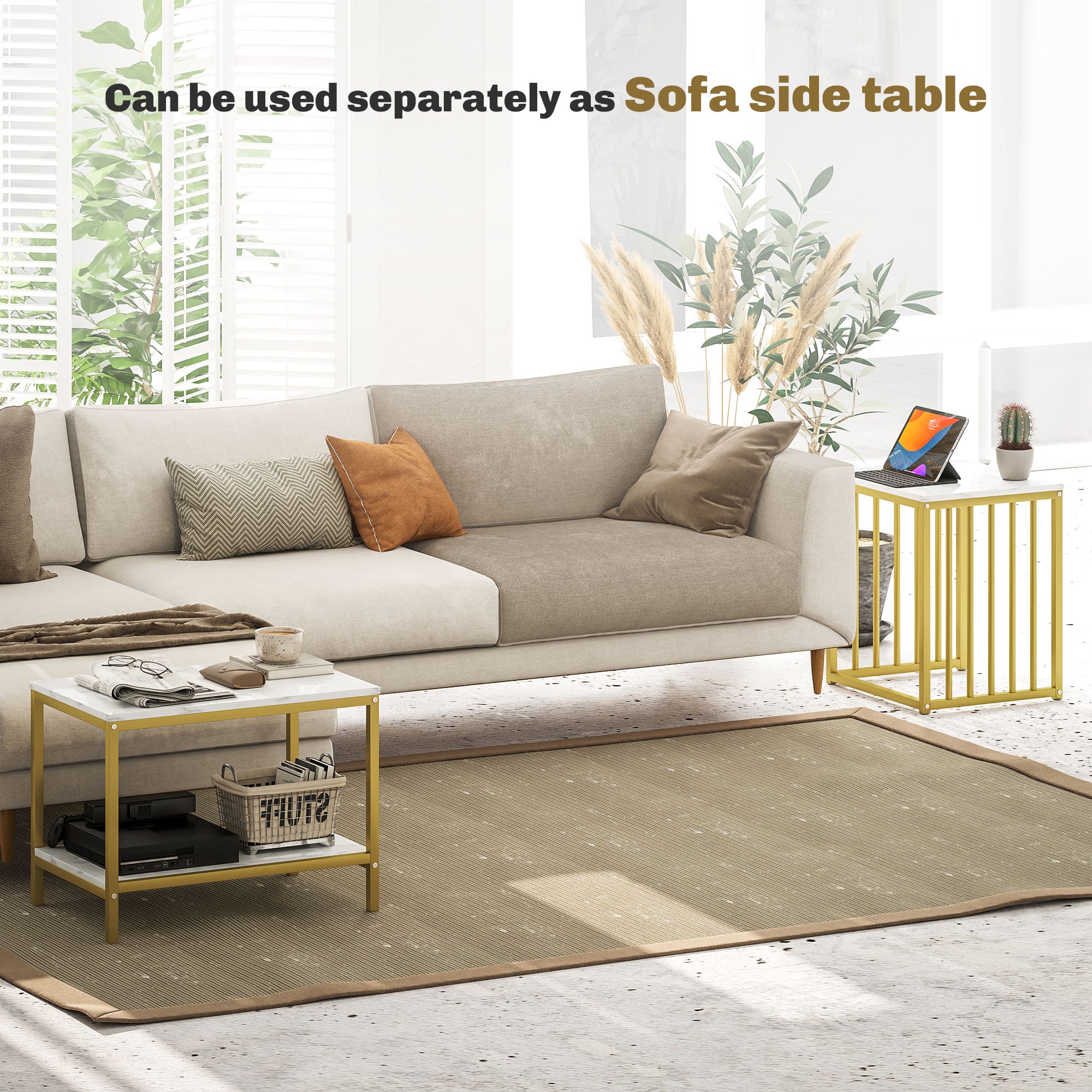 HOMCOM Modern Coffee Table Set of Two, Marble-Effect Nesting Side Tables with Steel Frame for Living Room, Gold Tone 