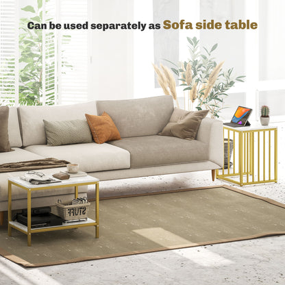 HOMCOM Modern Coffee Table Set of Two, Marble-Effect Nesting Side Tables with Steel Frame for Living Room, Gold Tone 