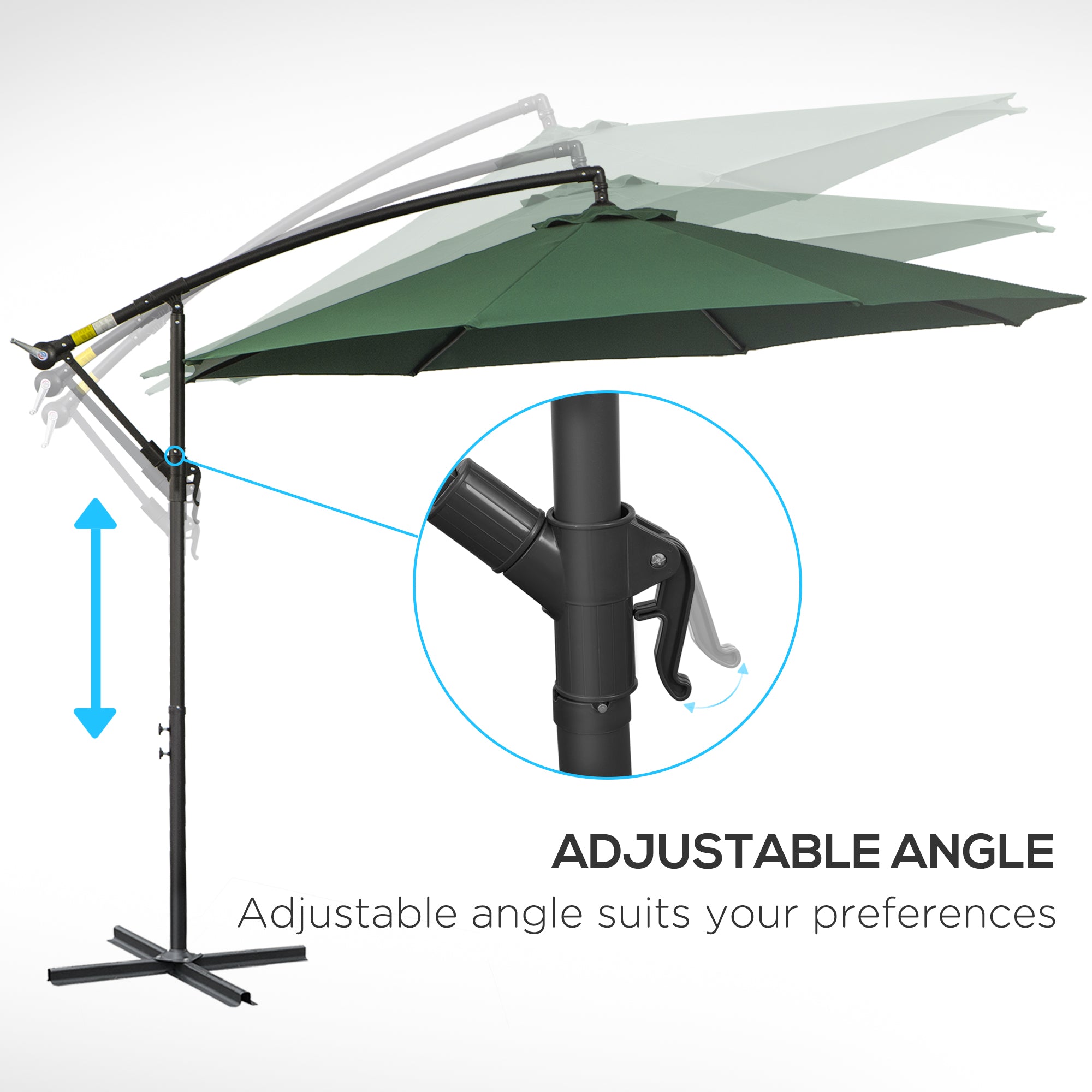 Outsunny 3(m) Banana Parasol Hanging Cantilever Umbrella with Crank Handle, 8 Ribs and Cross Base for Outdoor, Sun Shade, Dark Green 