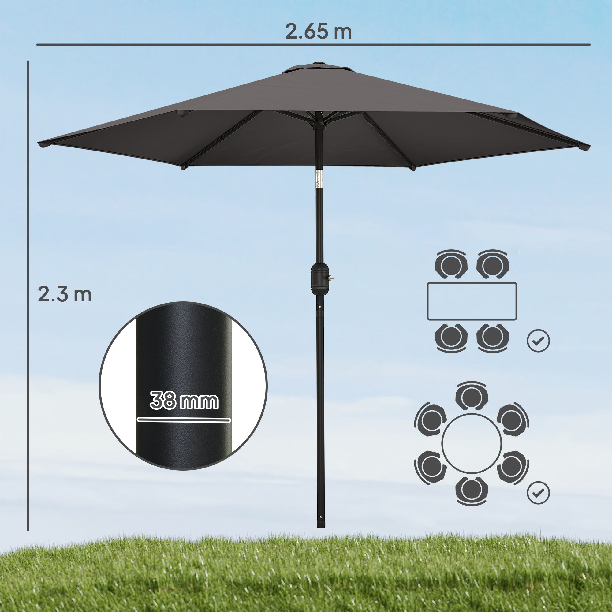 Outsunny 2.6 m Garden Parasol Umbrella with Aluminium Pole, Outdoor Patio Umbrella with Tilt and Crank, Vent, Black 