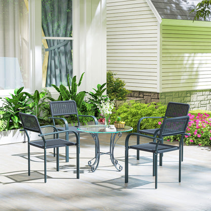 Outsunny Garden Chairs Set of 4, Stackable Rattan Effect Dining Chairs with Armrest, Weather Resistant and Lightweight Outdoor Furniture Armchairs for Patio, Balcony, Terrace, Dark Grey 