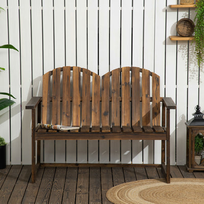 Outsunny Outdoor Wooden Garden Bench, Patio Loveseat Chair with Slatted Backrest and Smooth Armrests for Two People, for Yard, Lawn, Porch, Carbonised Finish 