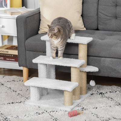 PawHut Pet Stair with 3-step Climb Ladder, Scratching Posts, Platforms, Toy Ball, for Indoor Elderly Cats Kittens, White 