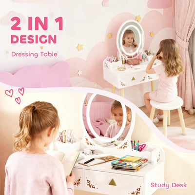 AIYAPLAY Kids Vanity Table and Chair Set with 3-Colour LED Lights Mirror, Drawer, Storage Boxes, for 3+ Years, White 