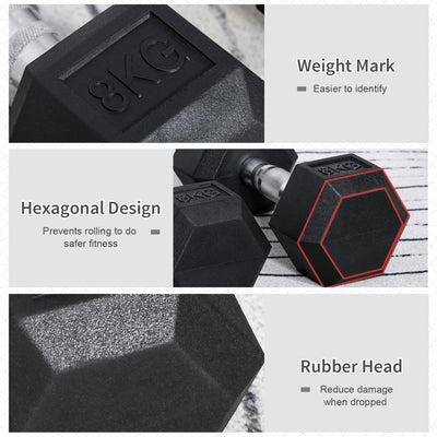 HOMCOM Rubber Dumbbell Set Sports Hex Weight Sets Home Gym Fitness Lift Strength Training Exercise 2 x 5kg, 2 x 6kg, 2 x 8kg 