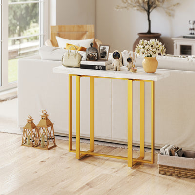 HOMCOM Console Table with Faux Marble Top, 100 cm Narrow Entryway Table with Anti-tipping Device, Steel Frame, White 
