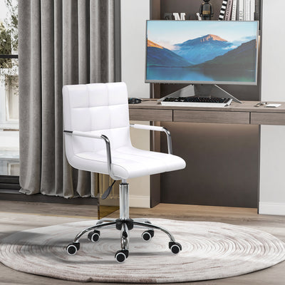 Vinsetto Office Chair, Makeup Vanity Chair, Mid Back Computer Chair, PU Leather Swivel Study Chair with Adjustable Height, Armrest and Rolling Wheels, White 