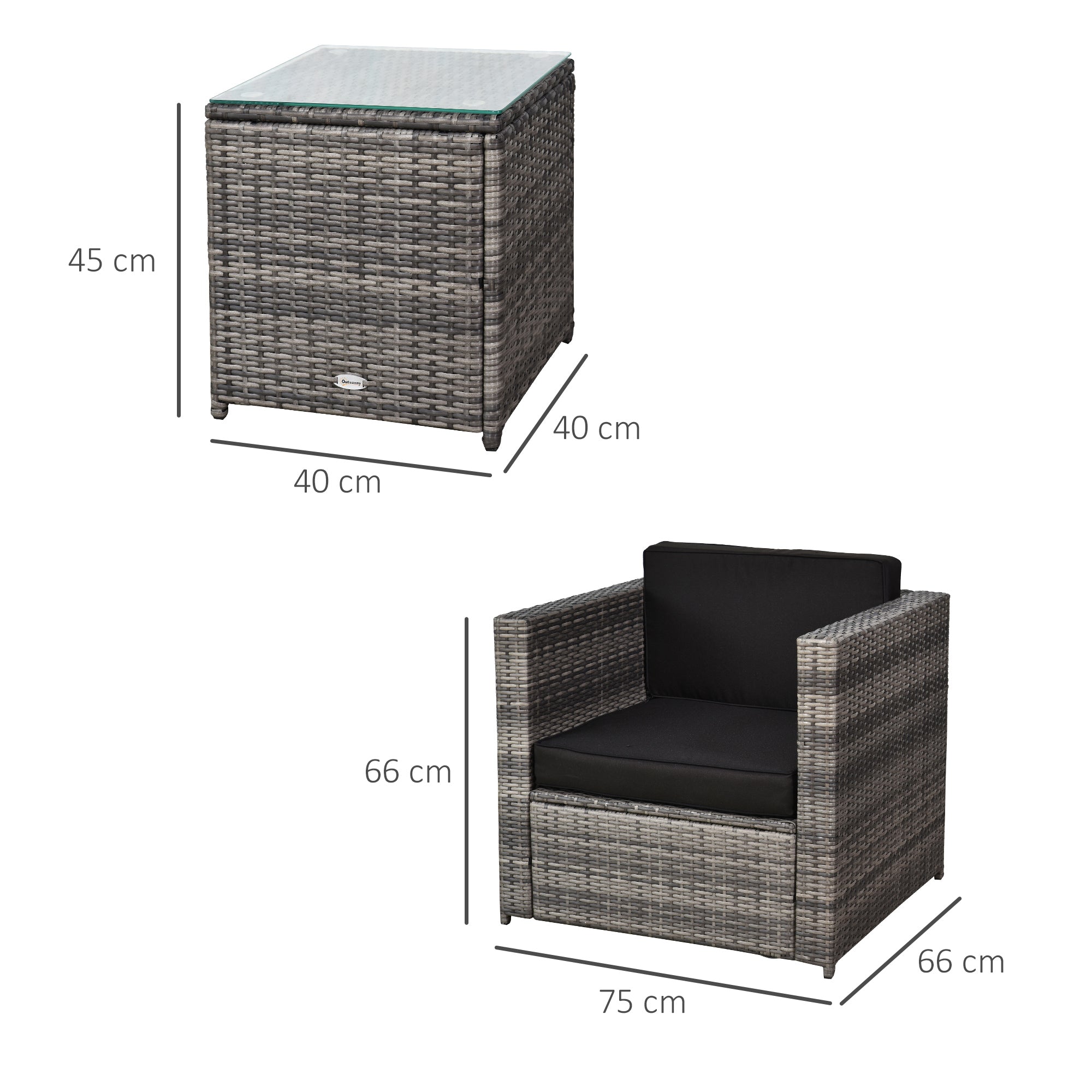 Outsunny 3 Pieces Rattan Bistro Set, Wicker Garden Furniture Set with Glass Top Coffee Table and Chairs, Thickened Washable Cushions for Outdoor, Patio, Balcony, Grey 