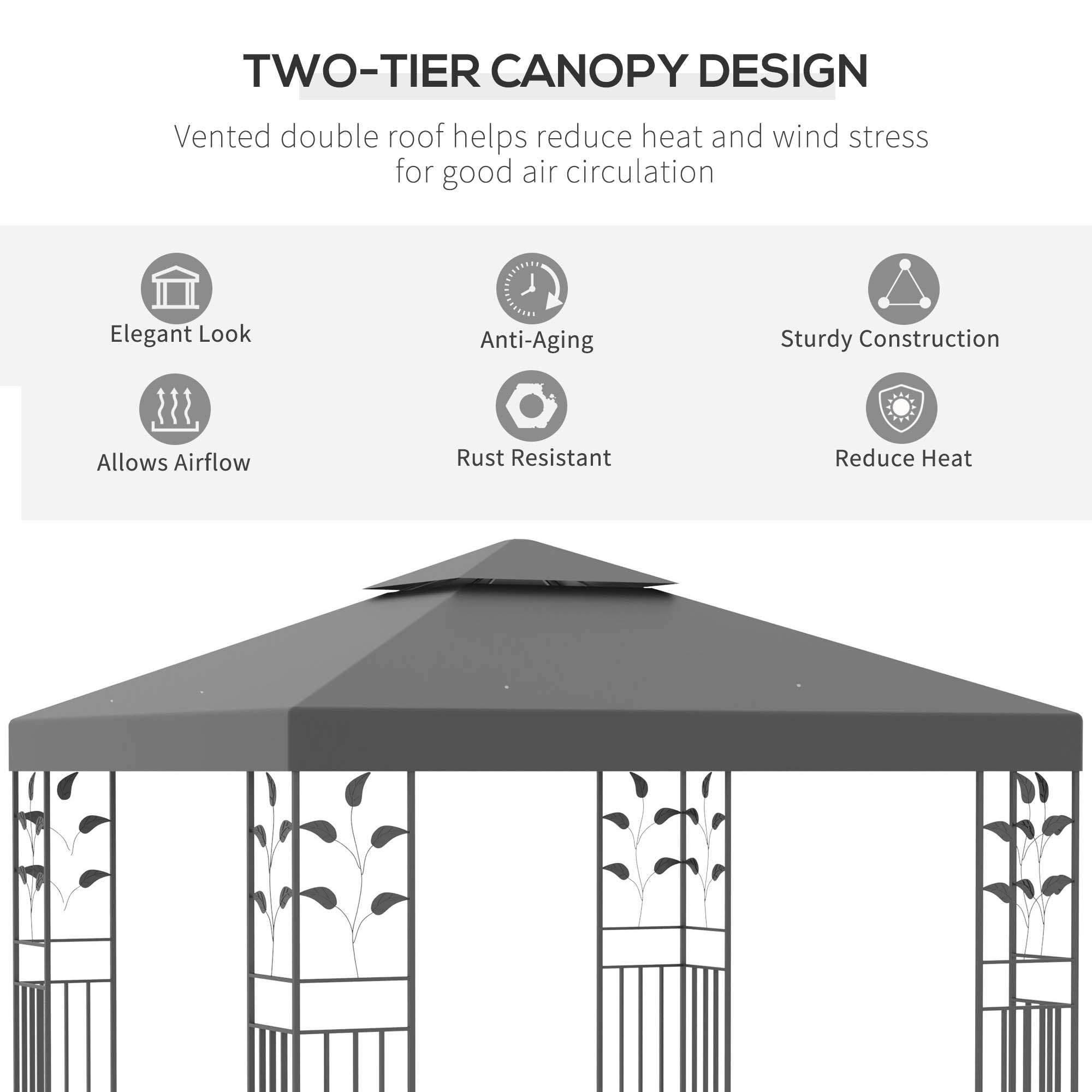 Outsunny 3 x 3m Outdoor Steel Gazebo with 2 Tier Roof, Garden Gazebo Patio Canopy Marquee Shelter with Decorative Steel Frame - Grey 