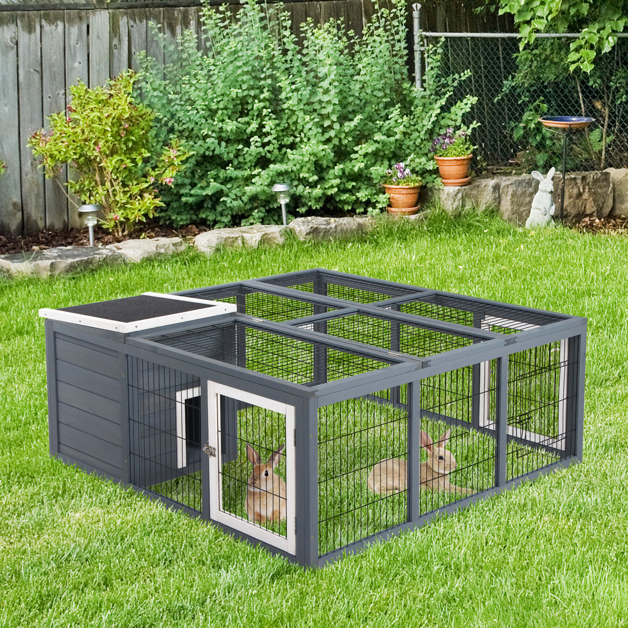 PawHut Rabbit Hutch Outdoor, Guinea Pig House, Bunny Run Cage with Openable Top for 1-2 Rabbits, 123 x 120 x 52cm, Grey 