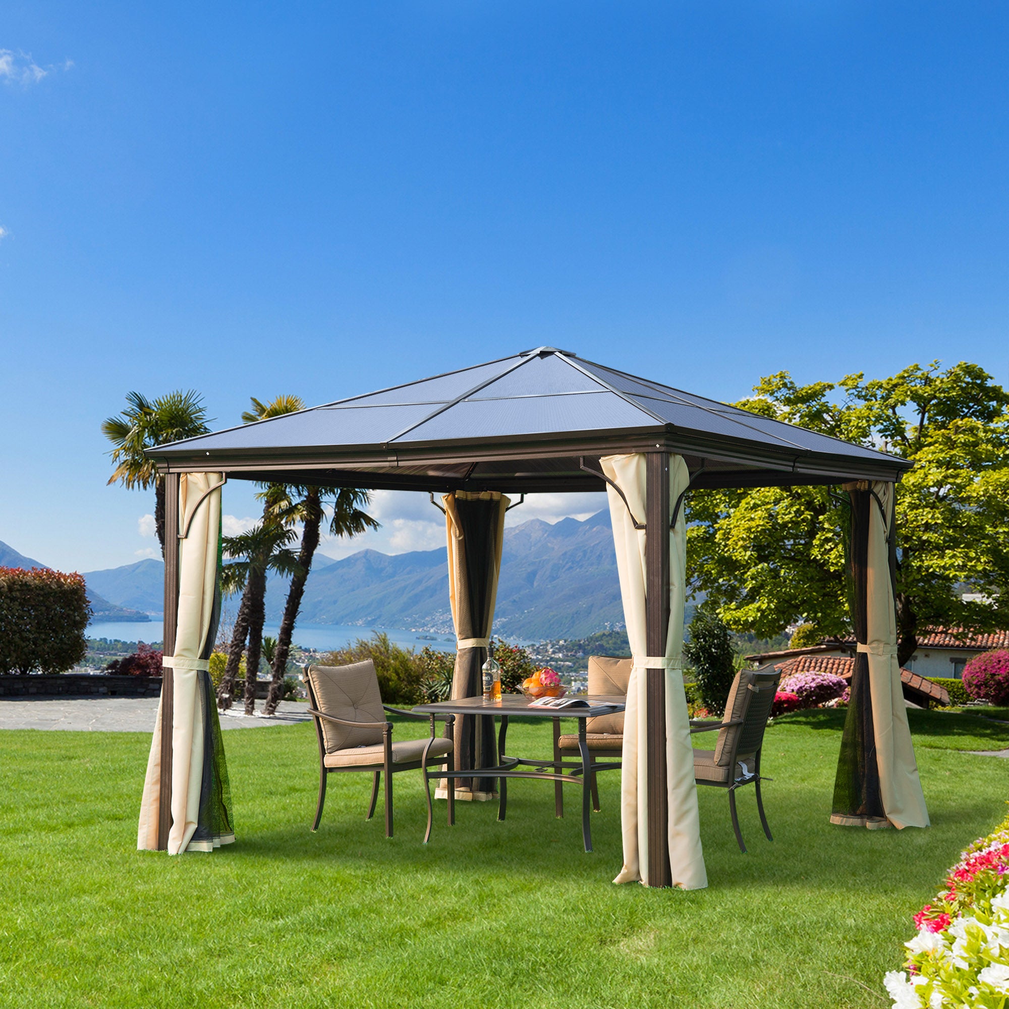 Outsunny 3x3 m Gazebo W/Mosquito Net-Brown/Black/Beige 