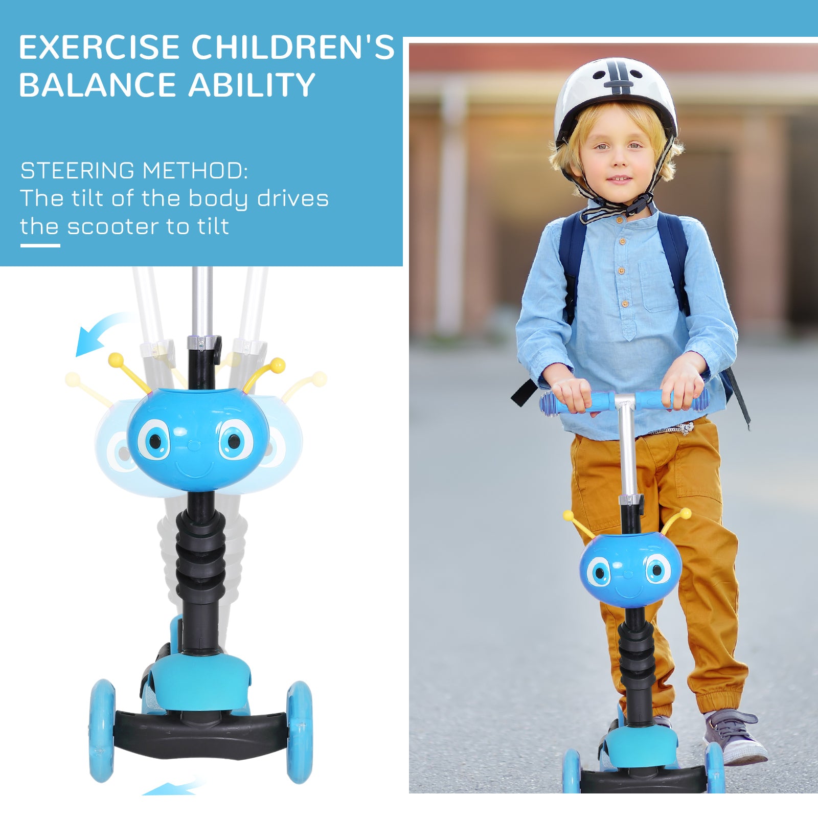 HOMCOM 5 in1 Kids  Scooter 3 Wheel Toddler scooter Kick Scooter with Adjustable Handlebar, Removable Seat & Back Rest for 18 Month+, Blue 