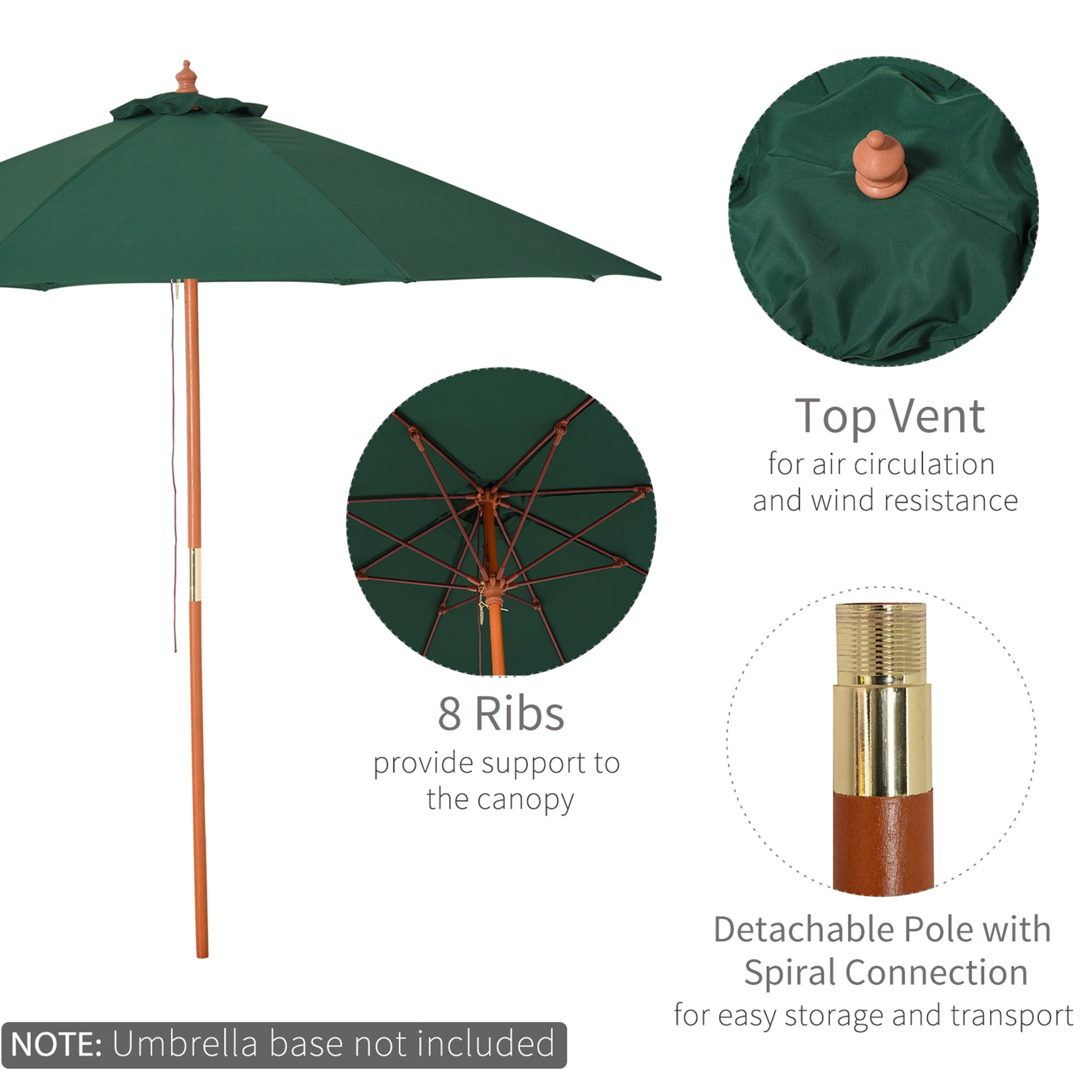 Outsunny 2.5m Garden Parasol Umbrella, Outdoor Market Table Umbrella with Wooden Pole & 8 Fibre Glass Ribs, Round Sun Shade Canopy, Green 