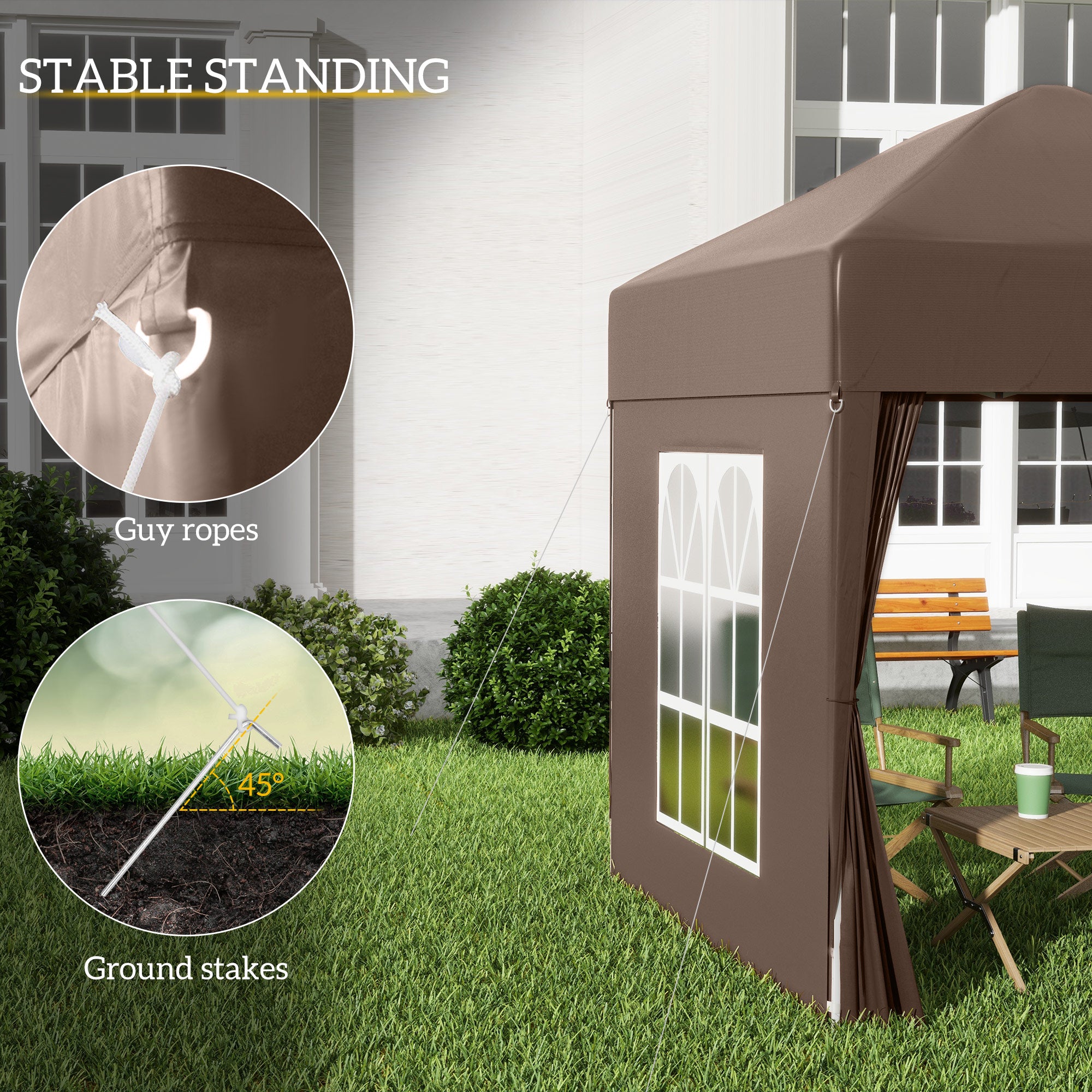 Outsunny 2 x 2 m Garden Pop Up Gazebo, Wedding Party Tent Marquee, Water Resistant Awning Canopy with Sidewalls, Windows, Carry Bag, Coffee 