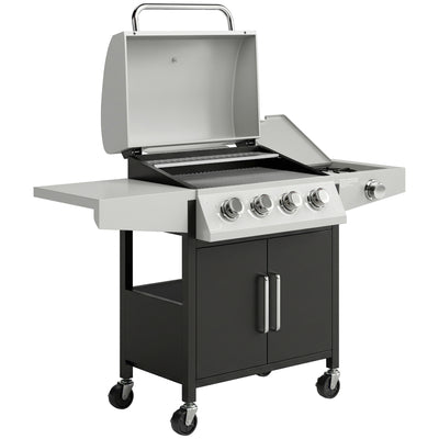 Outsunny 4+1 Burner Gas BBQ Grill with Side Burner, 50000 BTU Steel Portable Gas Barbecue Grill with Built-in Thermometer, Lid 