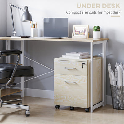 Vinsetto 2-Drawer Locking Office Filing Cabinet w/ 5 Wheels Rolling Storage Hanging Legal Letter Files Cupboard Home Organisation Oak Wood Grain 