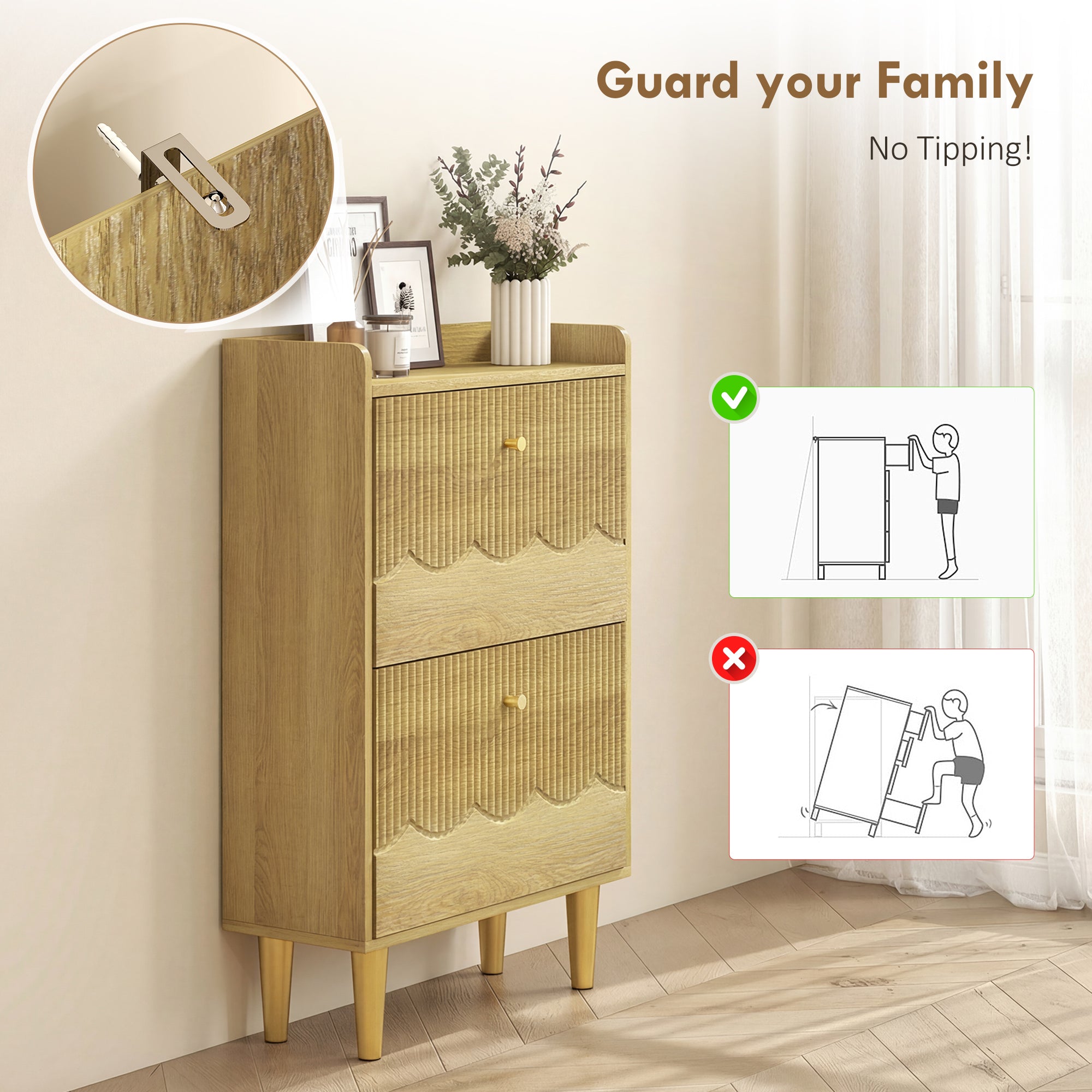 HOMCOM Narrow Shoe Cabinet, Modern Shoe Storage Cabinet with 2 Flip Drawers, Oak 