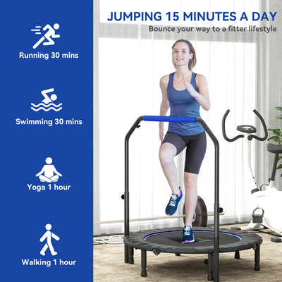 HOMCOM 45" Foldable Mini Fitness Trampoline, with Adjustable Foam Handle, Blue 