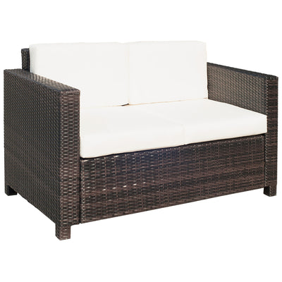 Outsunny 2 Seater Garden Furniture, Rattan Sofa with Soft Padded Cushion and Armrests, Wicker Garden Loveseat for Patio, Mixed Brown 
