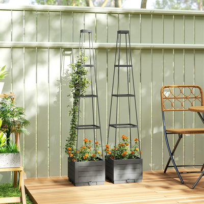 Outsunny 2 Pack Raised Garden Bed with Trellis, Plastic Outdoor Planter Box with Removable Drainage Tray 