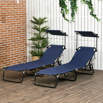 Outsunny 2 Piece Folding Sun Loungers with Canopy, Adjustable Recliner Garden Chairs with Side Pocket, Steel Frame and Breathable Mesh for Outdoor, Pool, Beach, Garden, Dark Blue 