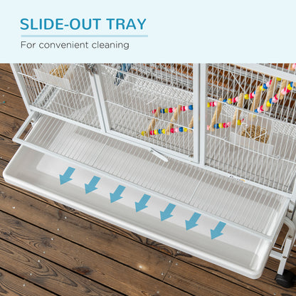 PawHut Large Bird Cage Budgie Cage 3 Tier Aviary with Stand Wheels, Toys, Ladders, Shelf for Canaries, Finches, Cockatiels, Parakeets - White 