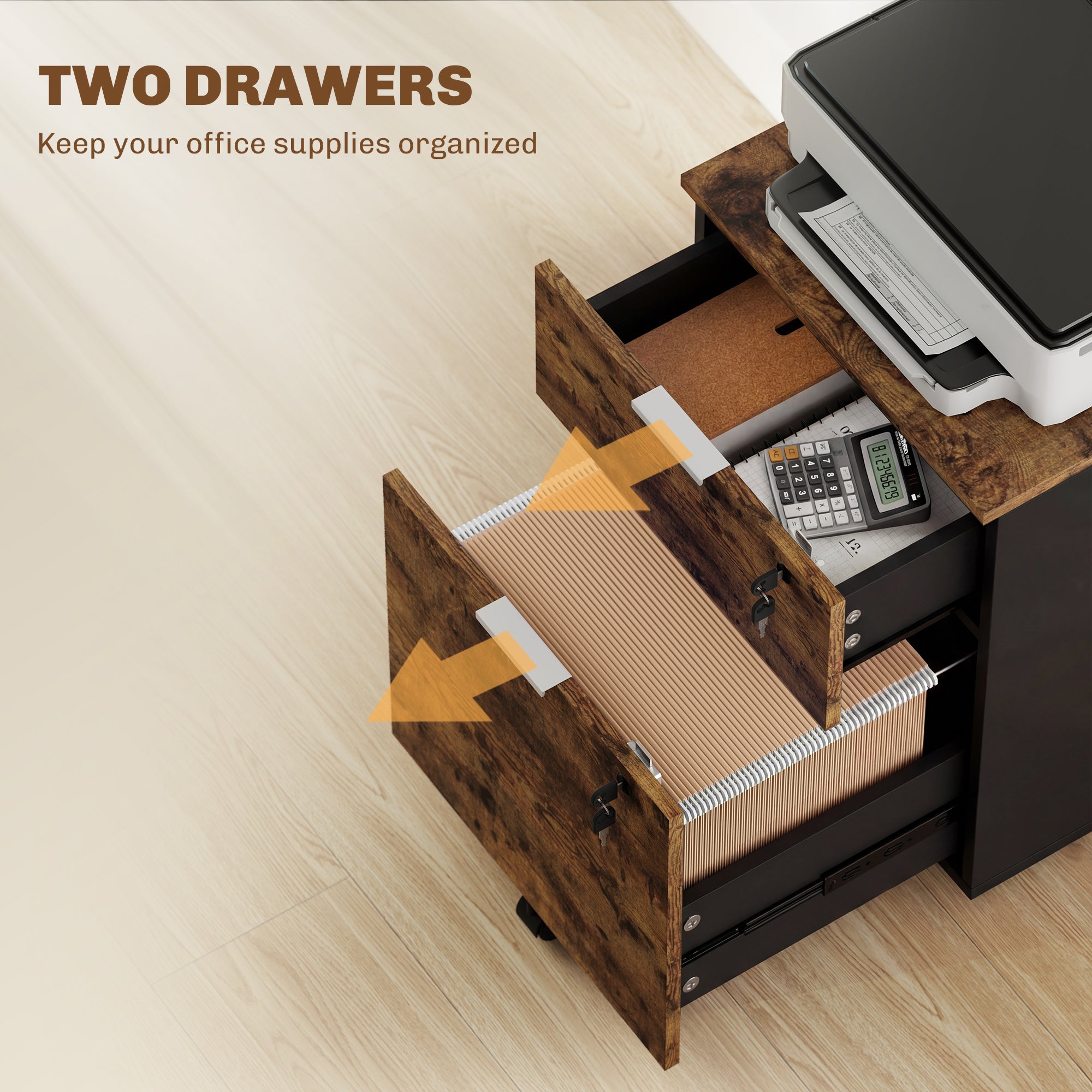 HOMCOM Two-Drawer Lockable Filing Cabinet - Black and Rustic Brown 