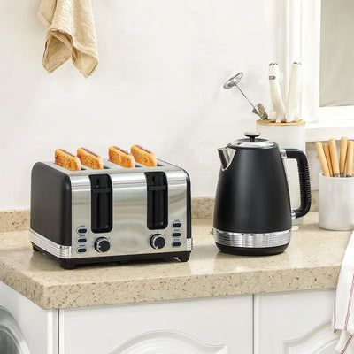 HOMCOM Stainless Steel Kettle and Toaster Set, 1.7L 3000W Rapid Boil Jug Kettle with UK Strix Thermostat, Limescale Filter, 4 Slice Toaster with 7 Browning Controls, Crumb Tray, Black and Silver Tone 