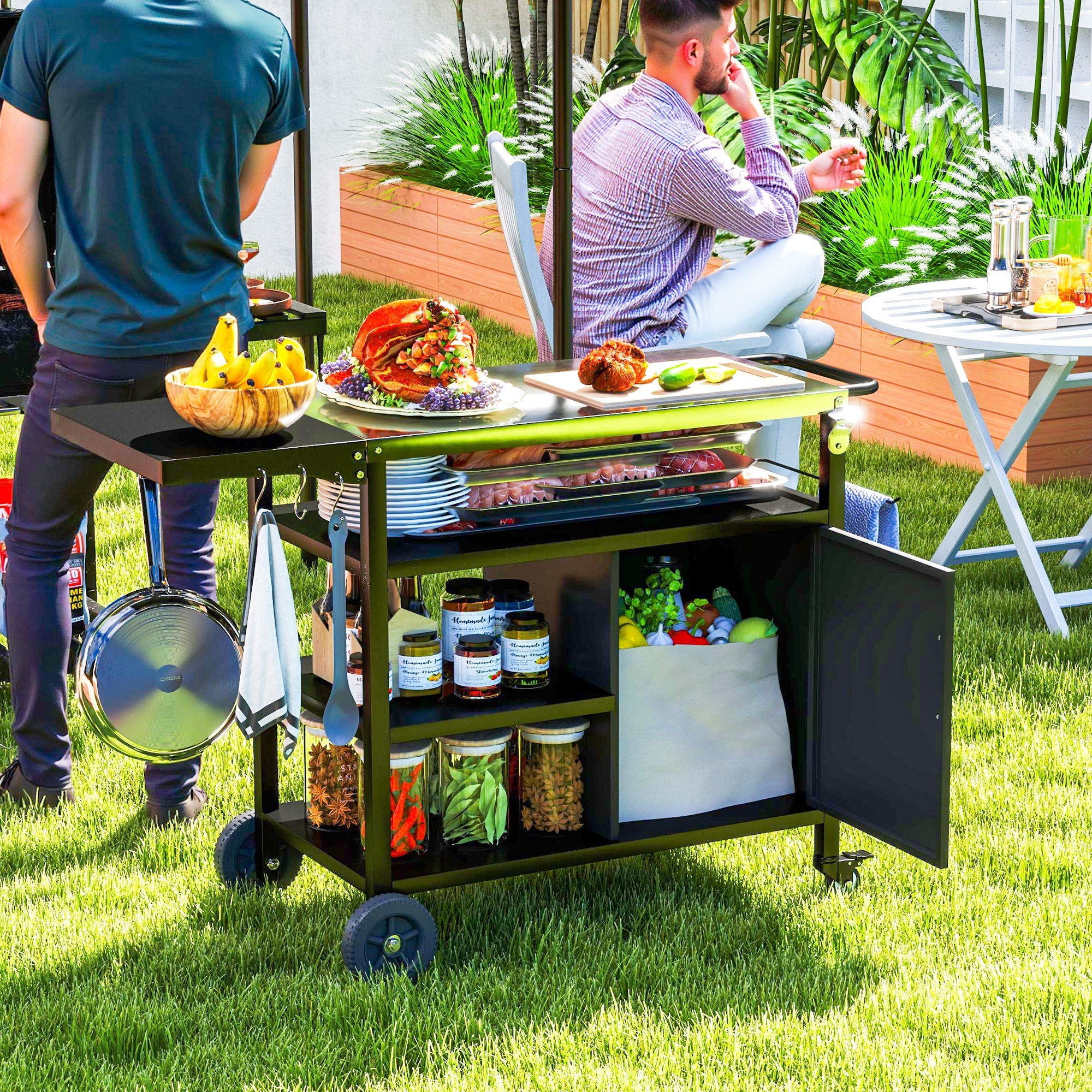 Outsunny Outdoor BBQ Trolley with Foldable Side Table, Stainless Steel Top, Outdoor Kitchen with Wheels Hooks Shelves Cabinet, Pizza Oven Table Movable Outdoor Grill Dining Cart with Cover, Black 