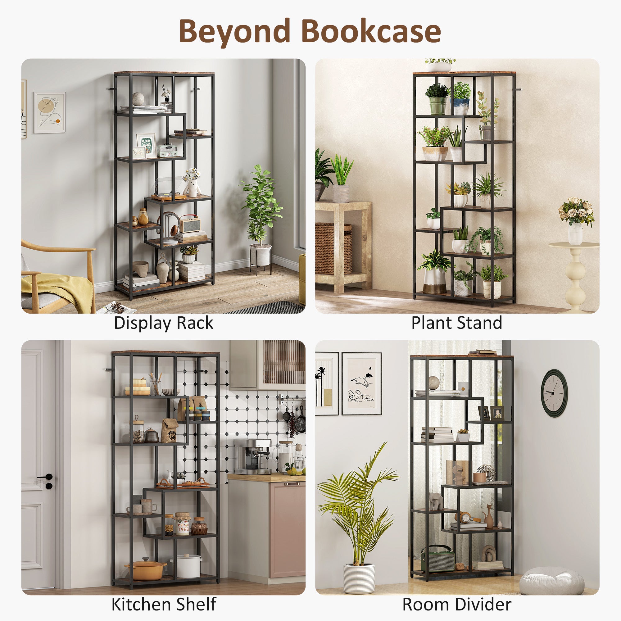 HOMCOM Seven-Tier Geometric Bookcase - Brown/Black 