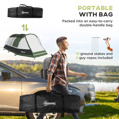 Outsunny Three-Man Camping Tent, with Two Rooms and Porch - Green 