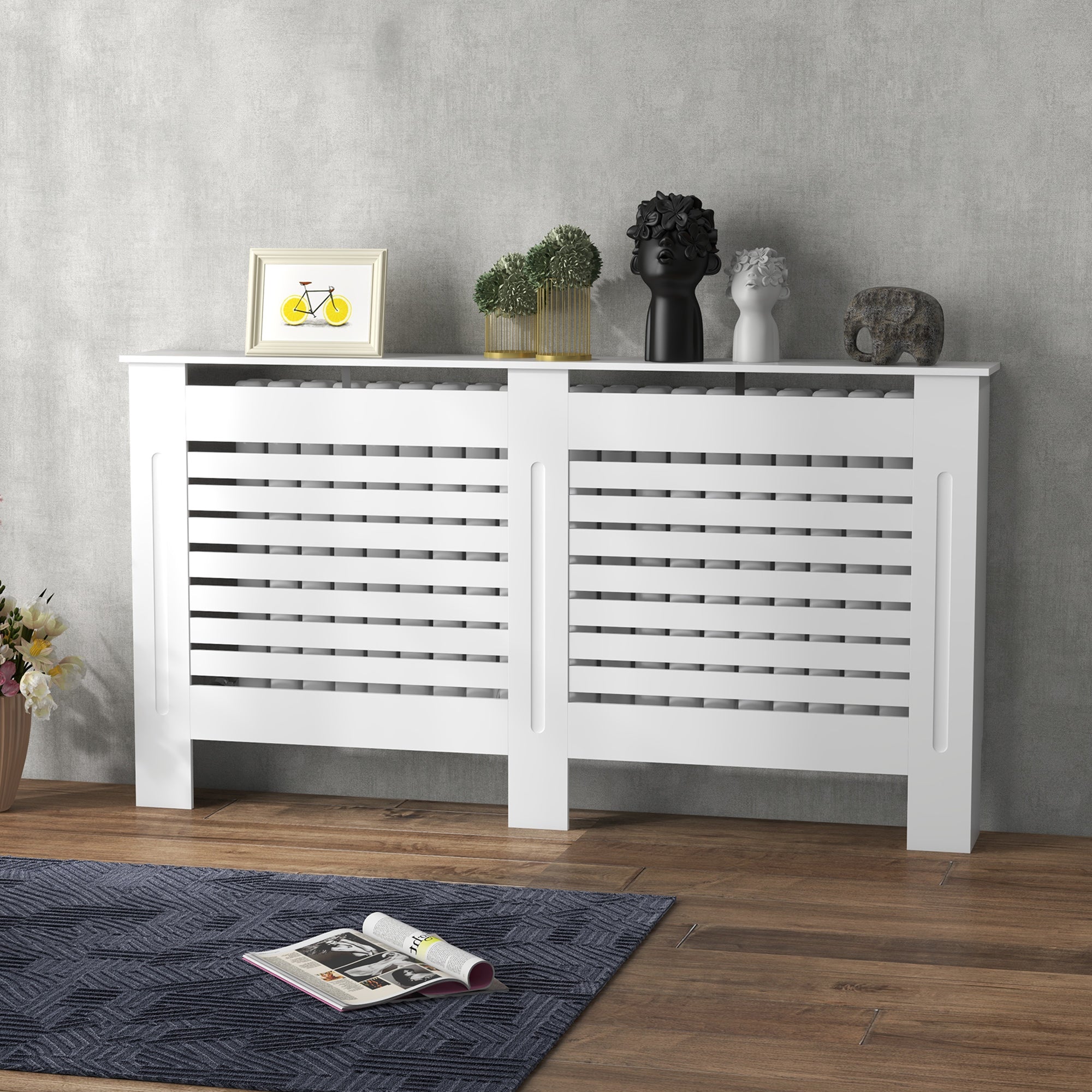HOMCOM Radiator Cover, Modern MDF White Painted Cabinet with Horizontal Slats for Living Room, Bedroom, 152L x 19W x 81H cm 