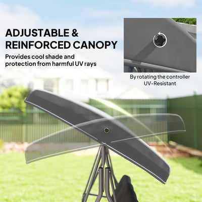 Outsunny 3 Seater Garden Swing Chair, Patio Rocking Bench with Tilting Canopy, Removable Cushion and Steel Frame, Dark Grey 